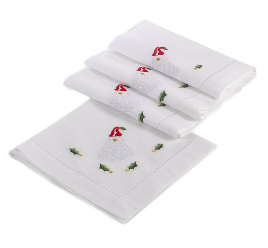 Fennco Styles White Embroidered Santa Claus Christmas Hemstitched Linen Cotton Napkins 20" W X 20" L - Set of 4