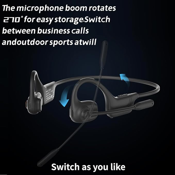 IHAO Open Ear Air Conduction Bluetooth Headphone Dual Mic Rotatable Boom Mic Active Noise Cancellation IPX5 Waterproof Bluetooth 5.4 Pain-Free Design for Sports Work Outdoor Activities-DG09 Black