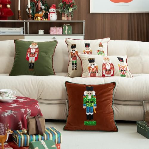 Fennco Styles Embroidered Sequin Nutcracker Velvet Filled Throw Pillow 18" W x 18" L - Green Festive Cushion for Home, Christmas, Winter Holidays Décor, and Special Occasions