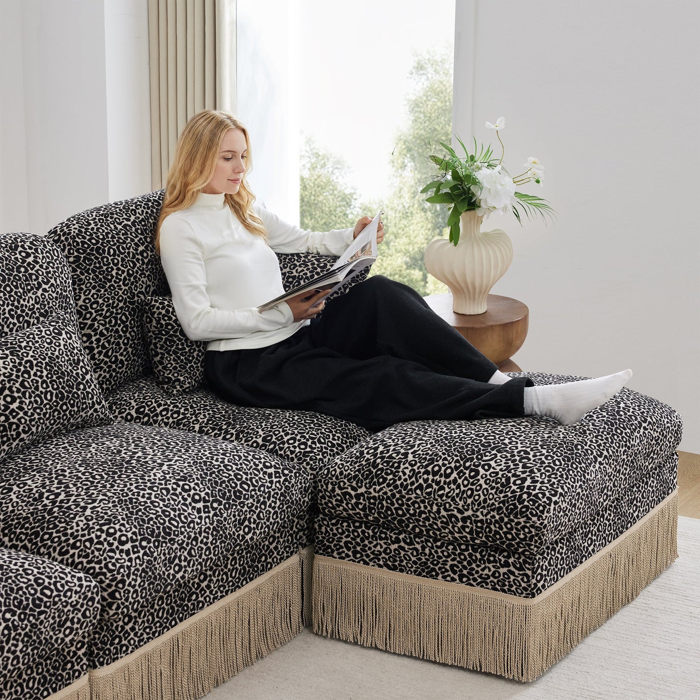 Sectional Sofa Modular Chenille Leopard Print Khaki 4 Seat Deep Seat