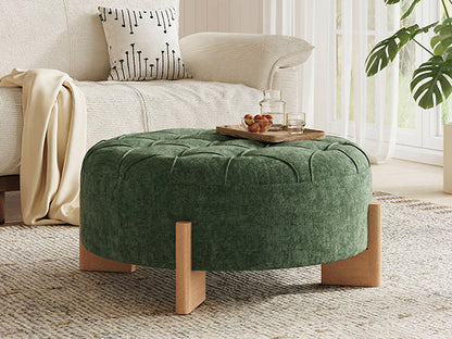 32' Round Tufted Ottoman with Solid Wood Legs, Chenille Fabric Footrest
