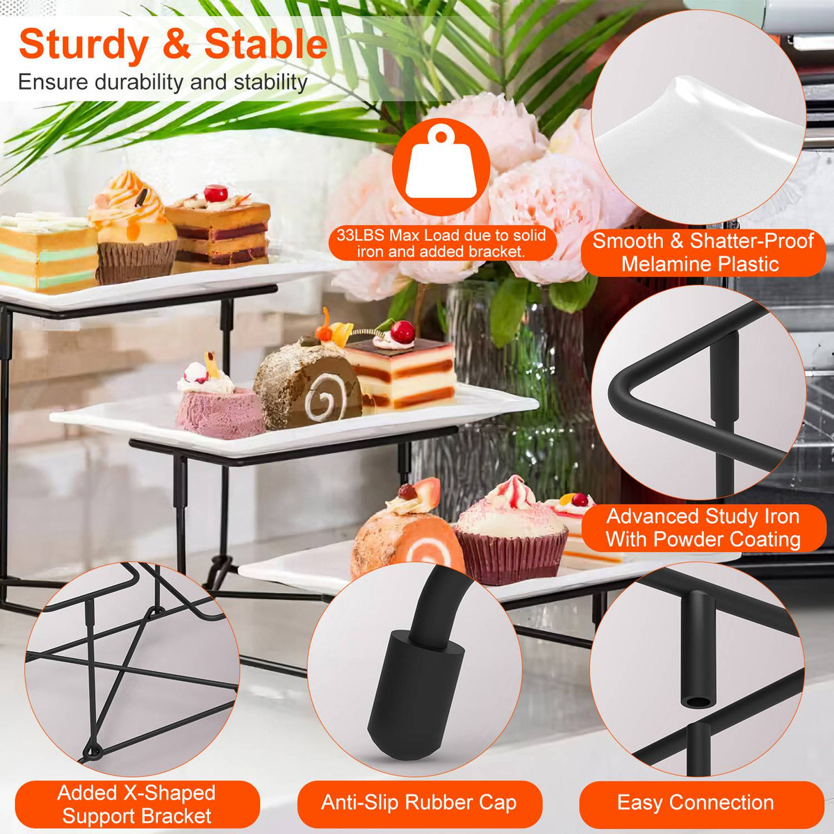 3-Tier Plastic Serving Tray Dessert Server Display Serving Stand Dinnerware with 3 Rectangular Plastic Serving Platters Metal Stand for Entertaining F