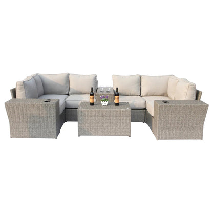 Outdoor Sectional Set HDPE Wicker Aluminum Gray 10 Piece 135 x 74 In