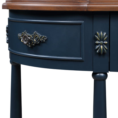 Retro Half-Moon Console Table with 2 Drawers & Open Shelf | 52" Curved Solid Wood Sofa Table — Navy Blue & Brown
