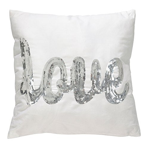 Fennco Styles Silver Metallic Sequin LOVE Script Decorative Poly Filled Throw Pillow 18" W X 18" L