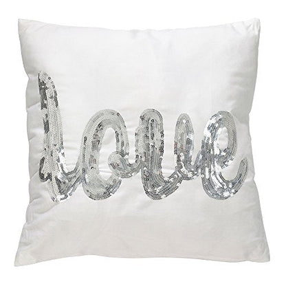 Fennco Styles Silver Metallic Sequin LOVE Script Decorative Poly Filled Throw Pillow 18" W X 18" L