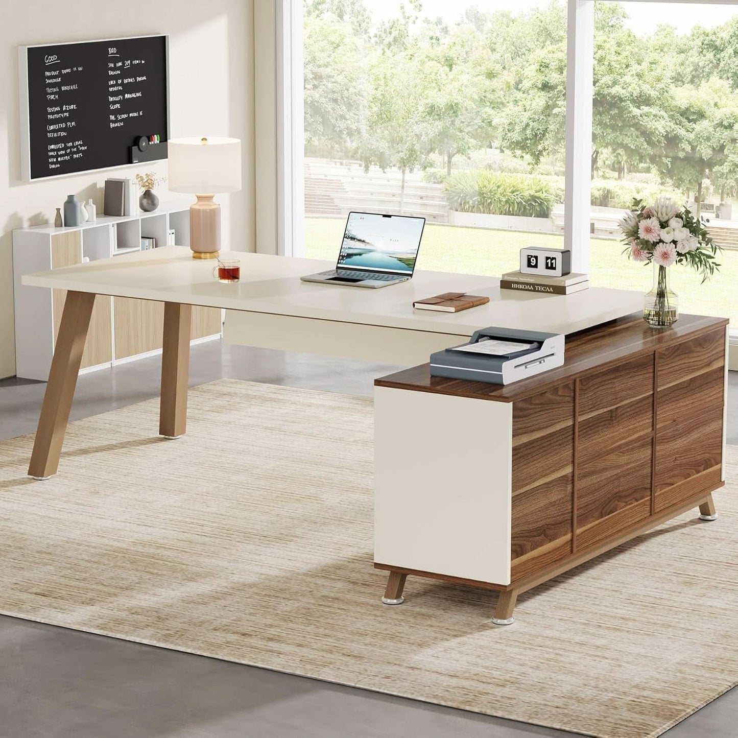 71 Inch Walnut White L Shaped Desk With 55 Inch Cabinet