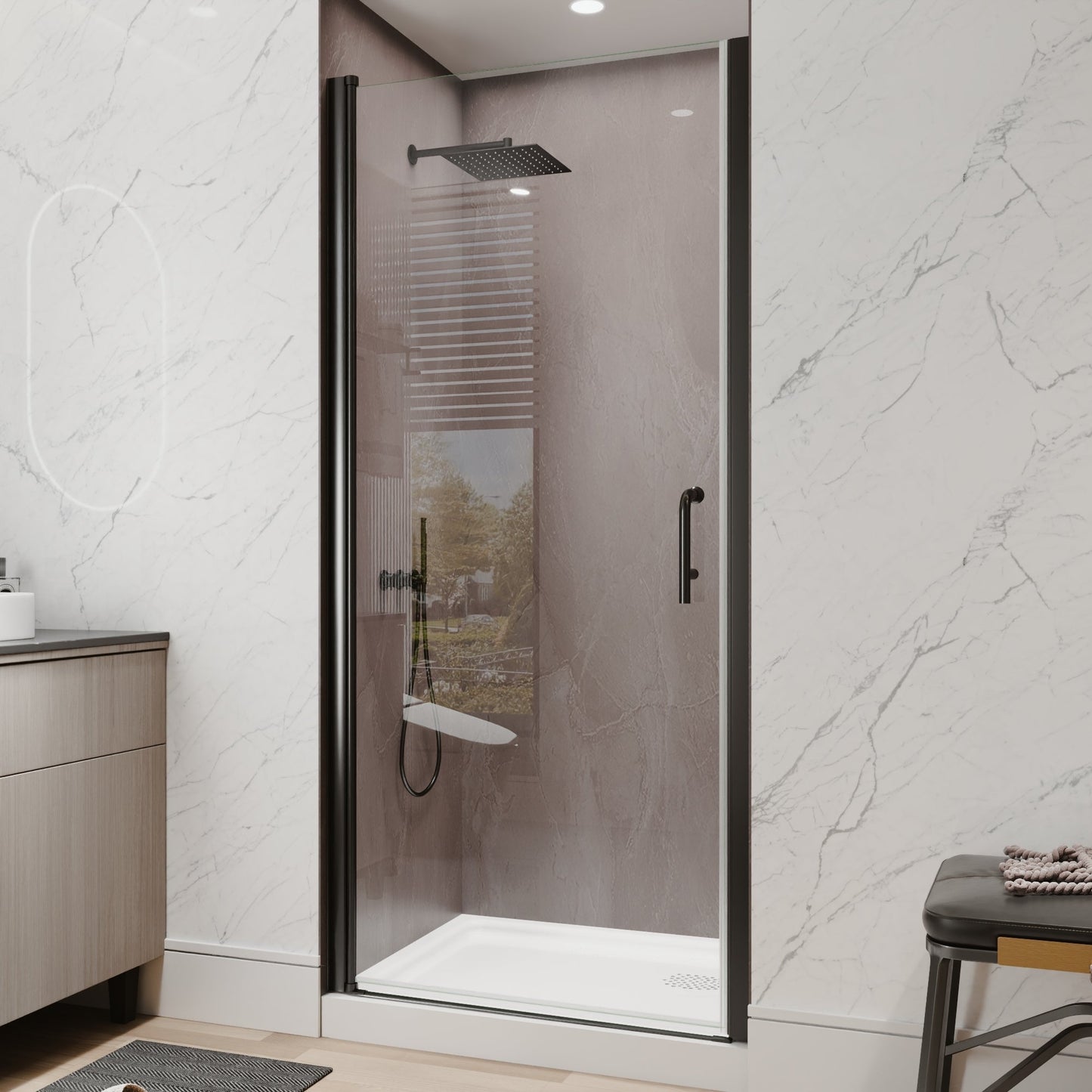 34-36 in. W x 72 in. H Pivot Frameless Shower Door, Matte Black, 1/4in Glass