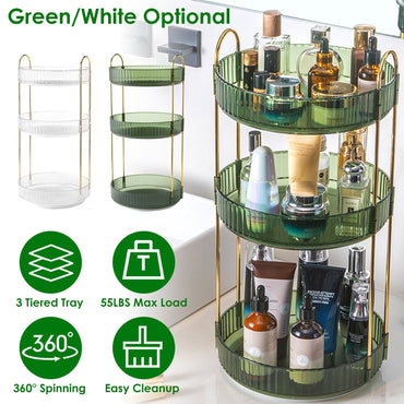 3 Tier Rotating Makeup Organizer 360¡ Spinning Perfume Cosmetic Storage Tray 55LBS Load Countertop Shelves for Lotion Lipstick
