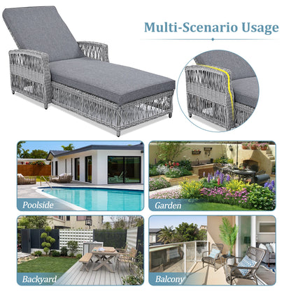 2 Pieces Long Reclining Chaise, Outdoor Wicker Lounge with Armrests, Patio