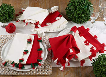 Fennco Styles Holiday Christmas Decorative 100% Cotton Napkins with Tassel - Set of 4 (Red + Red/Green Tassel)
