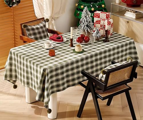 Fennco Styles Plaid Woven 100% Cotton Tablecloth with Pom Pom - Green Table Cover for Winter Holiday Décor, Banquet, Family Gathering and Special Occasion