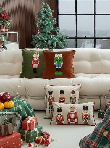 Fennco Styles Embroidered Sequin Nutcracker Velvet Filled Throw Pillow 18" W x 18" L - Green Festive Cushion for Home, Christmas, Winter Holidays Décor, and Special Occasions