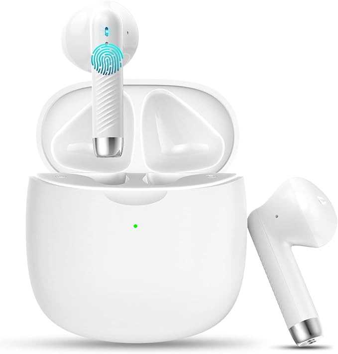 Jxrev Wireless Earbuds, Bluetooth 5.4 Headphones in Ear with Noise Cancelling Mic, Earbuds Stereo Bass, IP7 Waterproof Sports Earphones, 32H Playtime USB C Charging Buds White for Android iOS