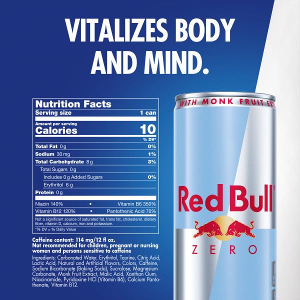 Red Bull Zero Energy Drink, 12 fl. oz., with 114mg Caffeine, Taurine & B Vitamins, Pack of 4 cans