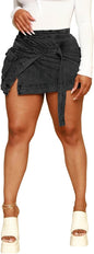 HTD Women's Sexy Mini Denim Skirt Irregular Pockets Dark Grey Size XXL