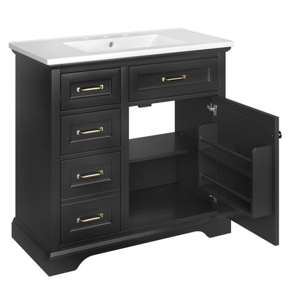 36-Inch Bathroom Vanity with Ceramic Sink Top, 4 Drawers and 1 Soft-Close Door