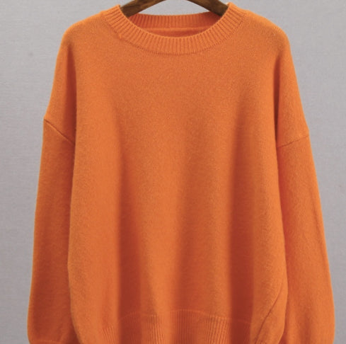 Womens Knitted Crew-neck Solid-color Loose Sweater