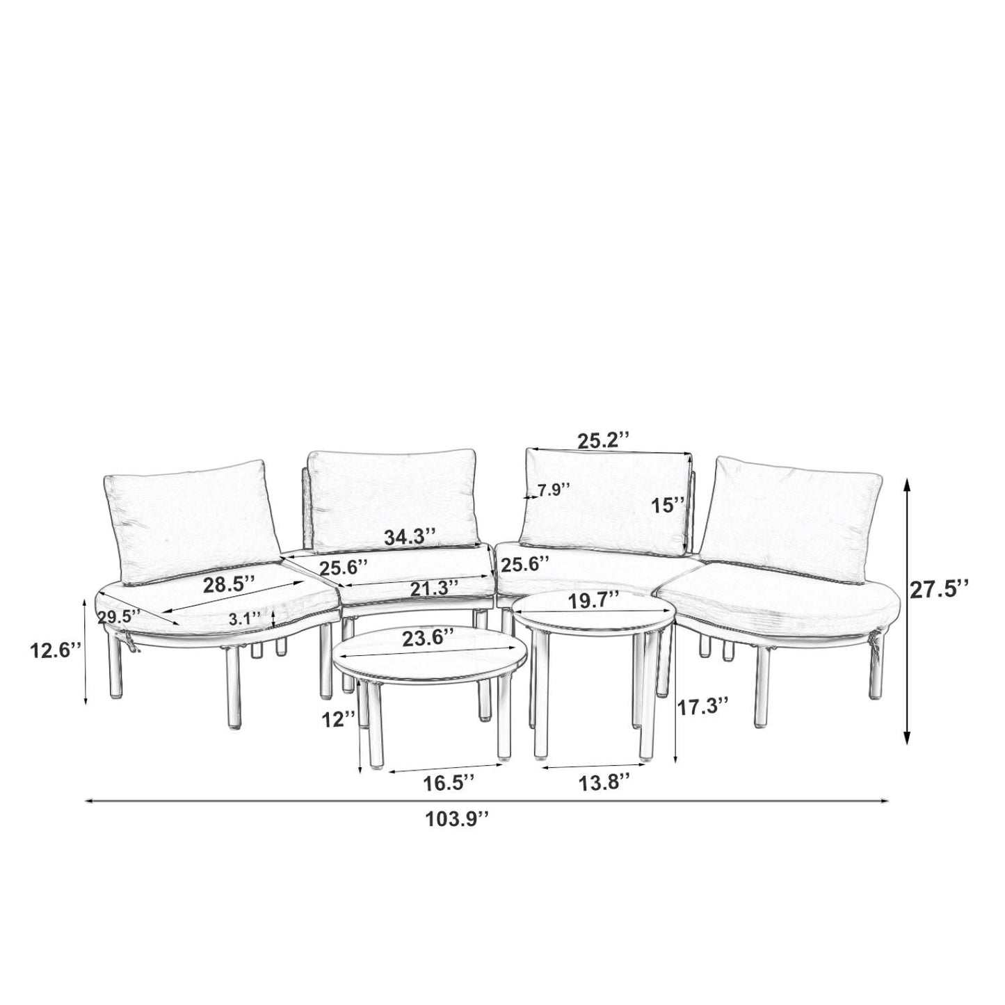 Outdoor Sectional Set PE Wicker Aluminum Gray Half Moon 6 Piece 300 LB