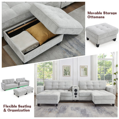 Sectional Sofa U-Shape Chenille Light Gray 6 Seat Bluetooth 126 In