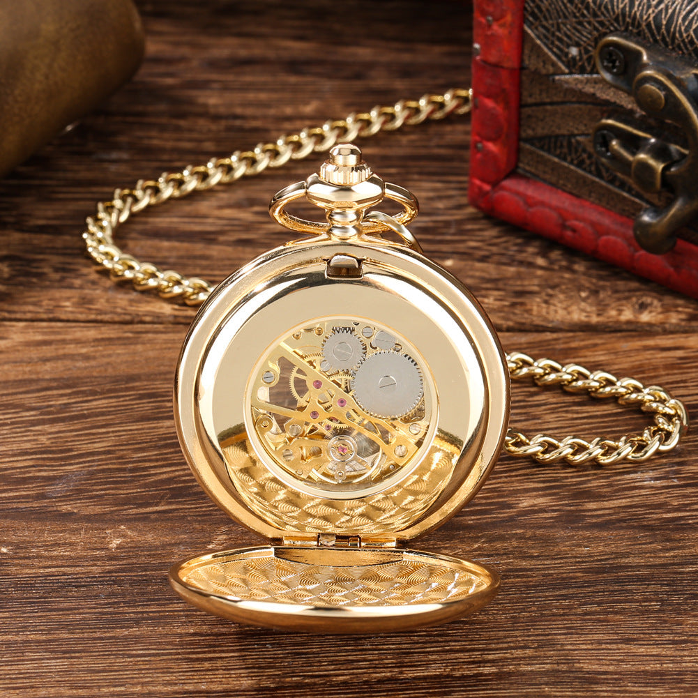 Retro Gold Hollow Out Roman Manual Mechanical Large Pocket Watch Chain Watch