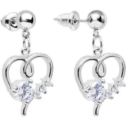 Clear Cubic Zirconia Feel the Love Heart Dangle Post Earrings