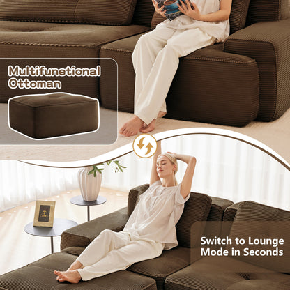 Sectional loveseat L-Shape Corduroy Brown 2 Seat Modular with Ottoman 82 In