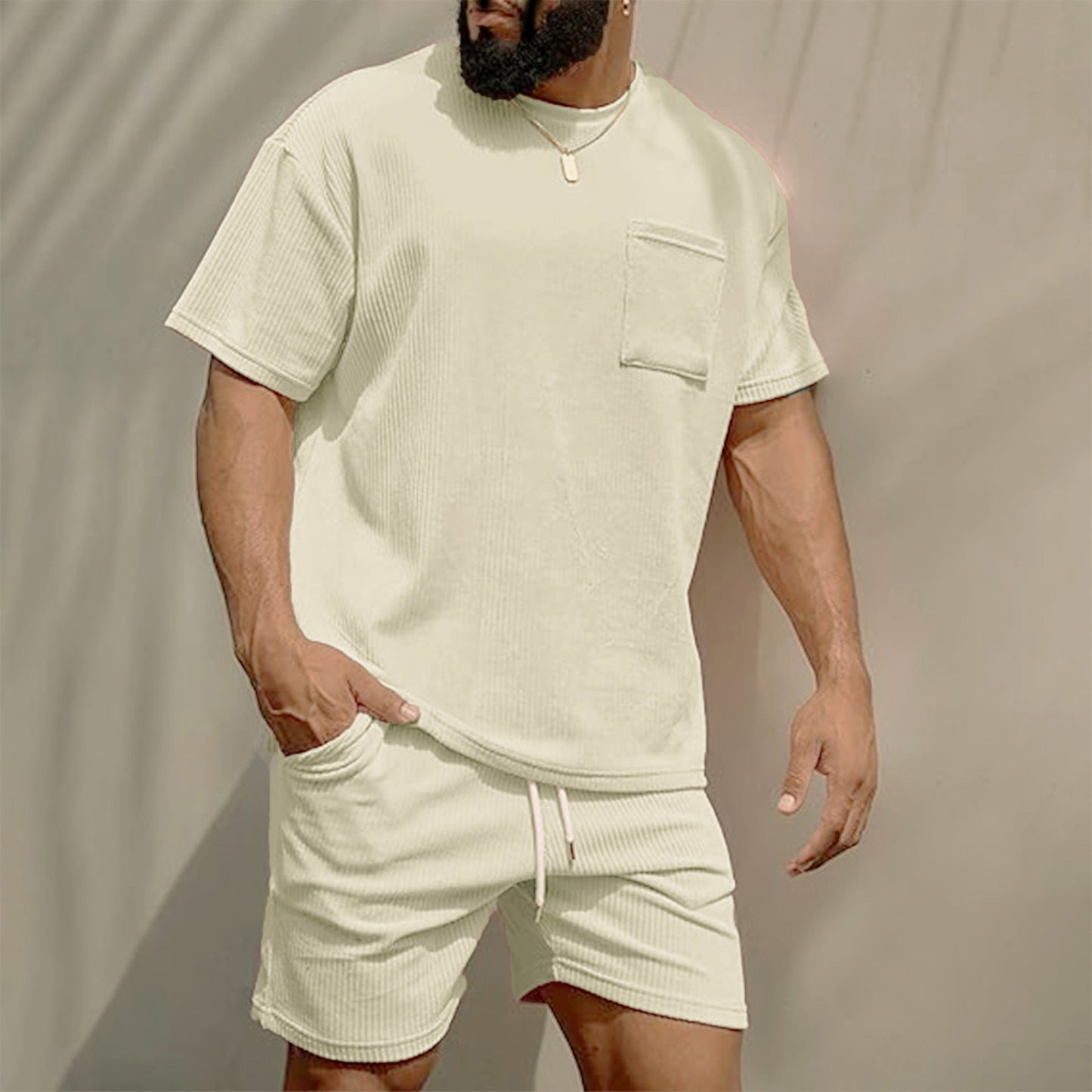 Mens Corduroy Casual Crew-Neck Shorts Set