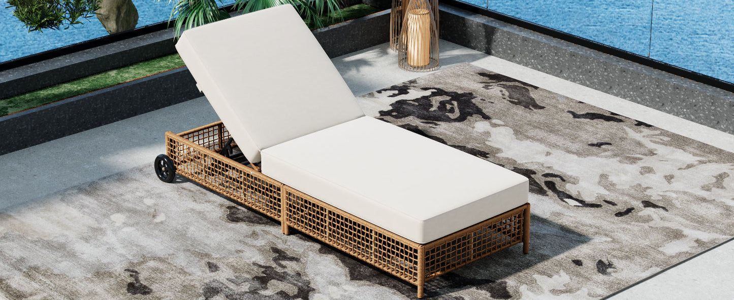Outdoor Lounge Chair, 5-Position Adjustable Rattan Chaise with Cushion and