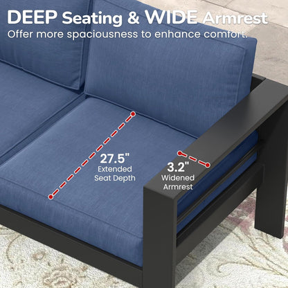 Outdoor Patio Set 3 Piece Aluminum Sofa Loveseat Black Blue