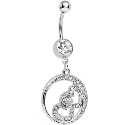 Clear Crystal Joined Double Encircled Heart Dangle Belly Ring