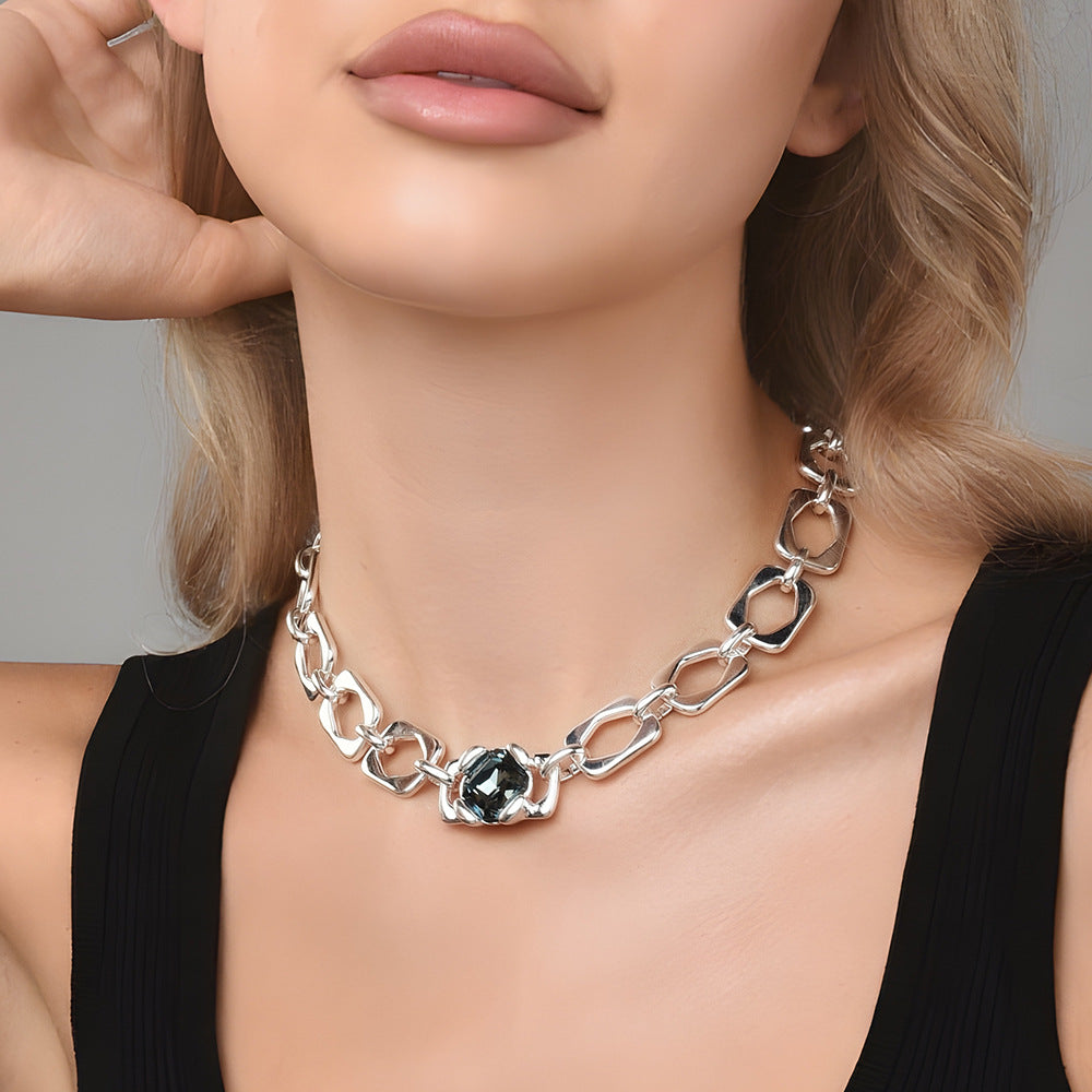 Thick Irregular Square Link Choker Necklace For Women, Smoky Grey Cubic Zirconia Chunky Silver Collarbone Chain, Cool European Spanish Fashion Jewelry