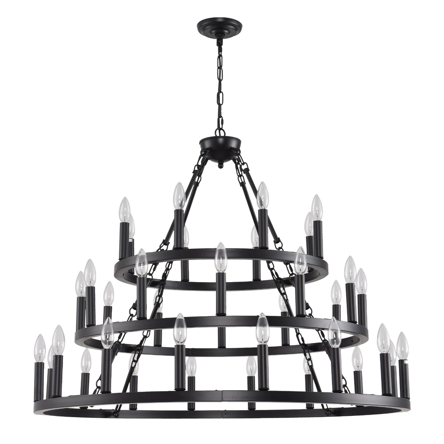 Chandelier Wagon Wheel 3-Tier 36-Light Black Metal 39.37 In Industrial