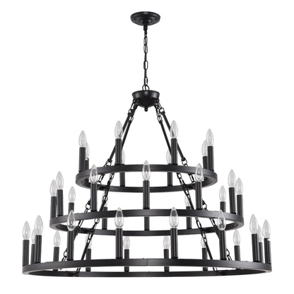 Chandelier Wagon Wheel 3-Tier 36-Light Black Metal 39.37 In Industrial