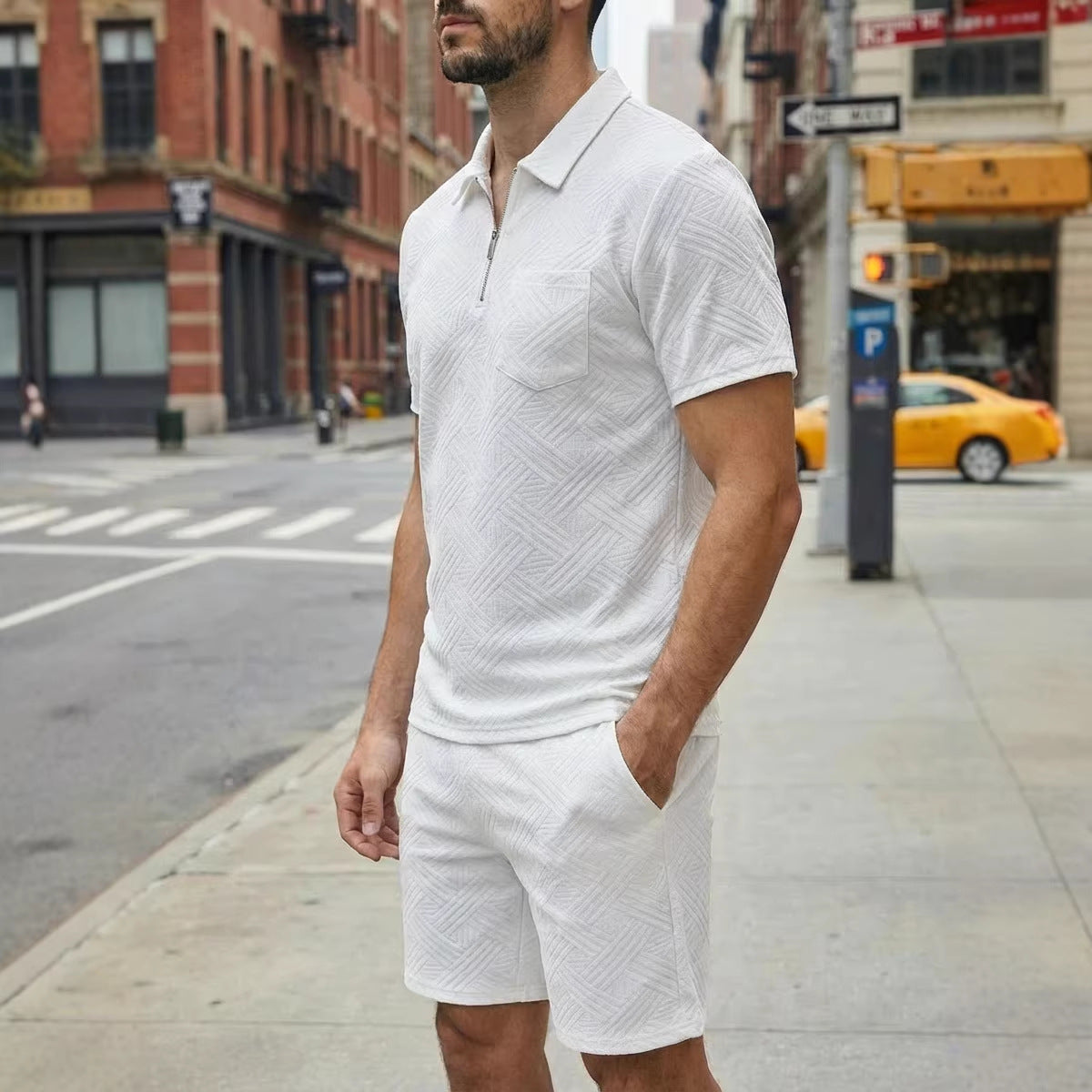 Mens Spring New Solid-Color Jacquard Zip-Up Set