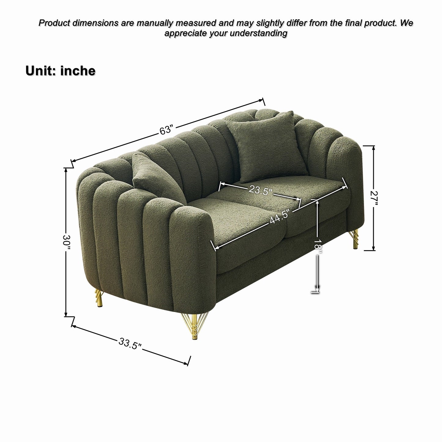 Loveseat Modern Chenille Green Gold Metal Legs 2 Seat 63 In 500 LB