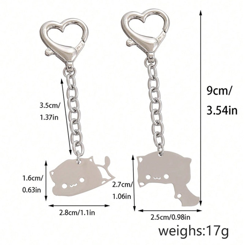 2Pcs Cute Dudu Bubu Hug Cat Couple Keychain Set, Stainless Steel Double Cat Charms, Round Key Ring & Heart Lobster Clasp, Sweet Matching Pair Gift For Lovers