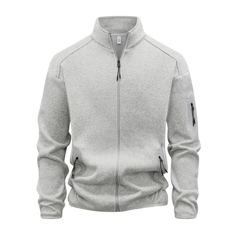 Zippered Pocket Long-sleeve Stand-collar Cardigan Sweatshirt