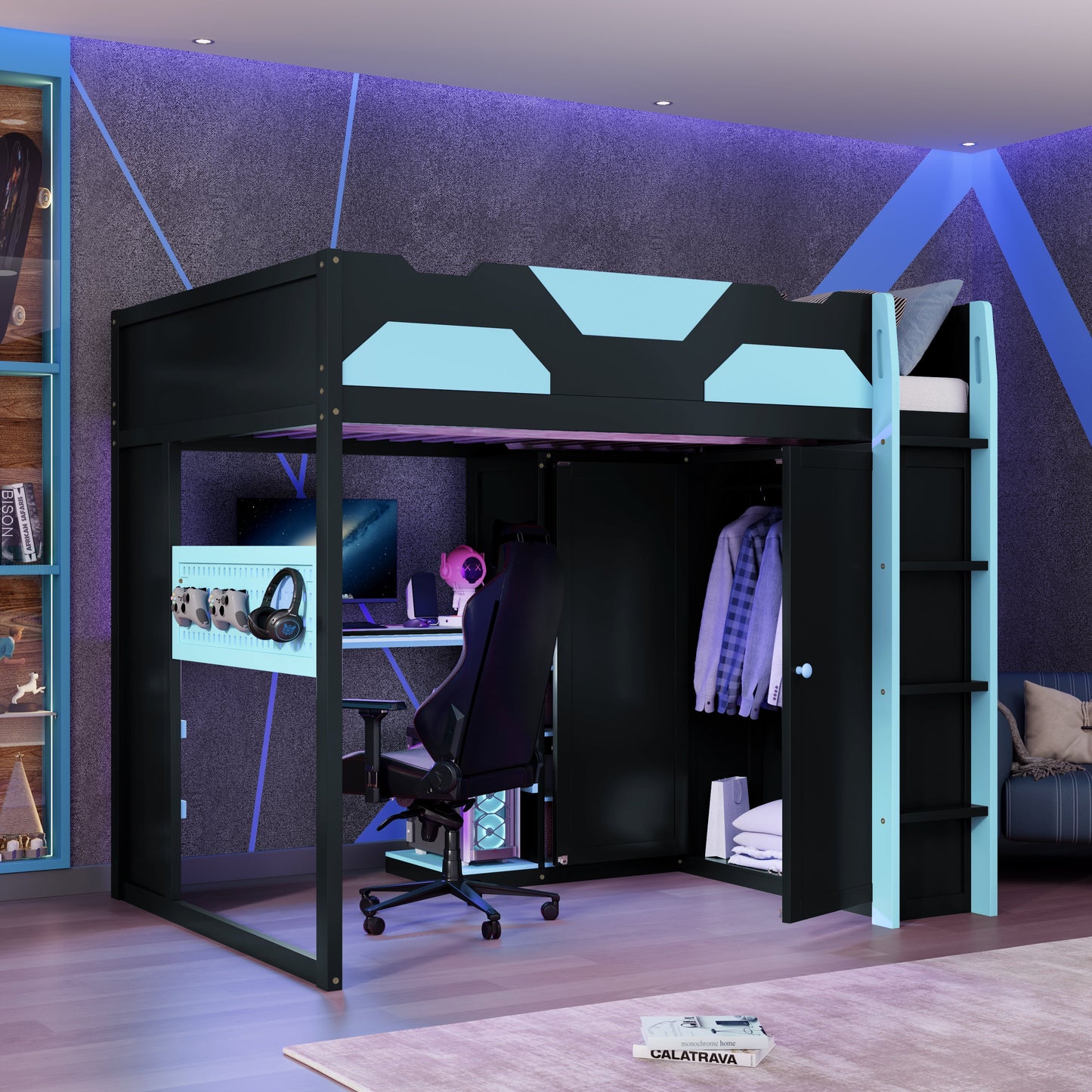Full Size Wood Loft Bed with Desk, Multi-storage Shelves, USB and RGB Light
