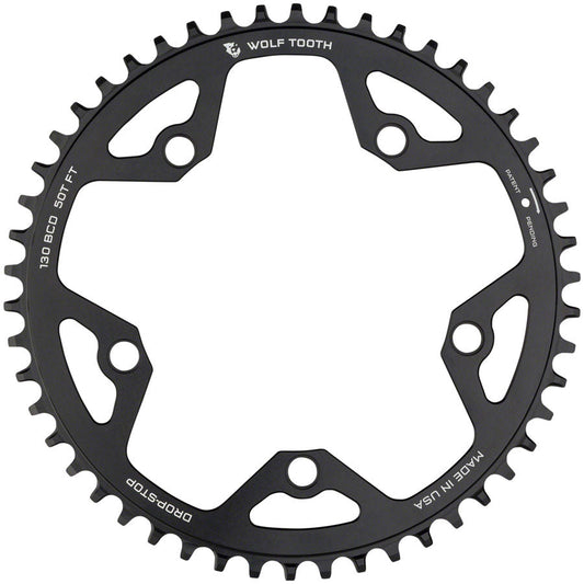 Wolf Tooth 130 BCD Road Cyclocross Chainring - 50t 130 BCD 5-Bolt Drop-Stop B 10/11/12-Speed Eagle Flattop Compatible BLK