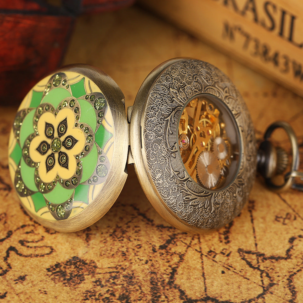 Green Epoxy Flower Manual Mechanical Pocket Watch