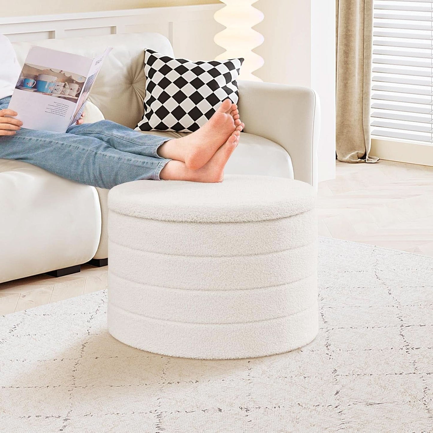 White Round Storage Ottoman Ultra Durable Cozy Elegant