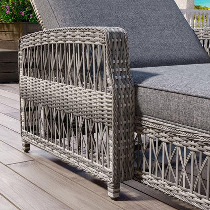 2 Pieces Long Reclining Chaise, Outdoor Wicker Lounge with Armrests, Patio