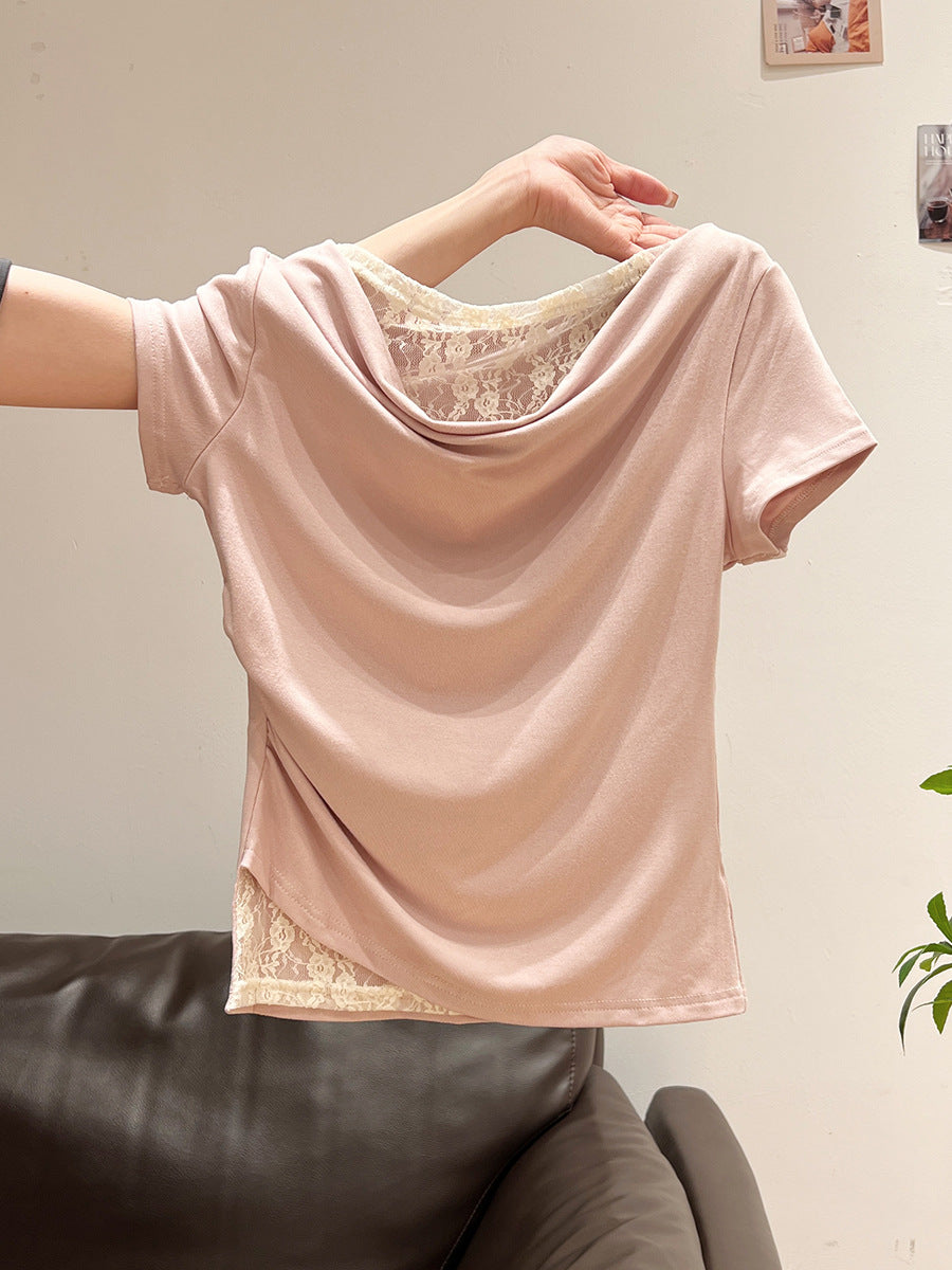 Korean Style Lace Stitching Swing Collar Off-shoulder Short Sleeve T-shirt