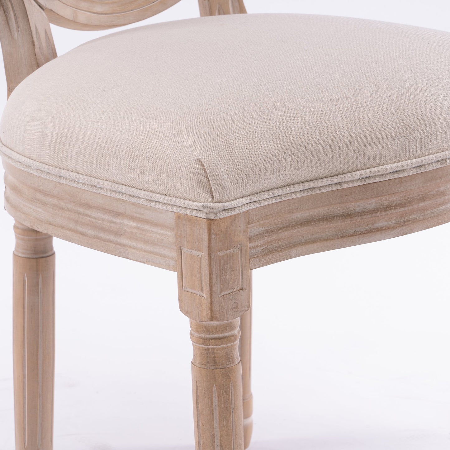 French Style Solid Wood Linen Fabric Rattan Back Dining Chair, Set of 2, Beige