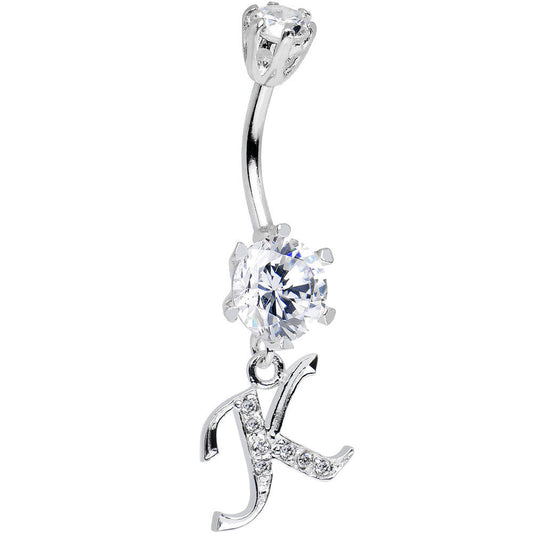 925 Sterling Silver Clear CZ Ornate Script Initial K Dangle Belly Ring