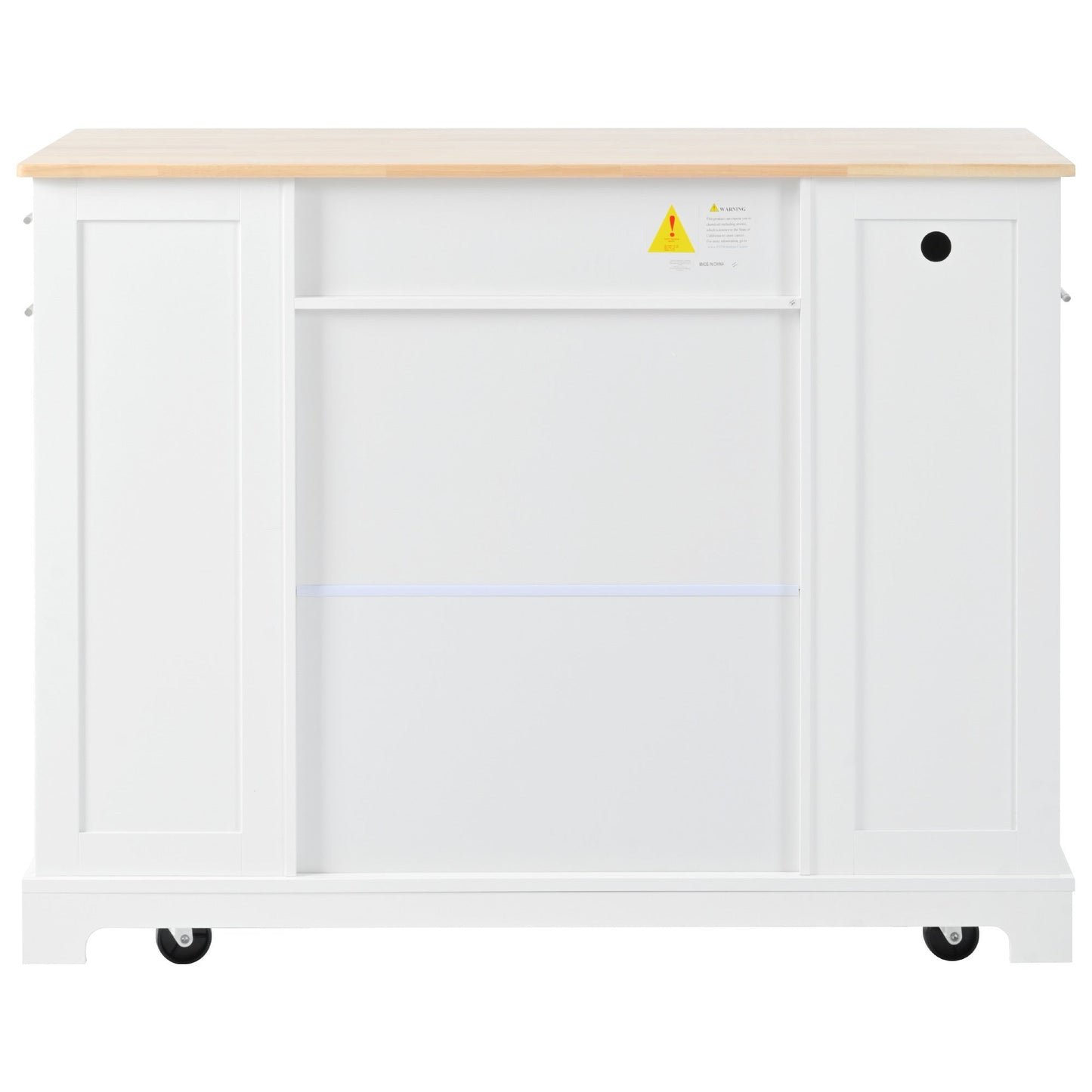 K&K Fluted Kitchen Island with Trash Can Storage Cabinet, Power Outlet, Internal Storage Rack, Rolling Kitchen Islands on 5 Wheels with 3 Drawer, 3 Open Side Racks for 10 Gallon Garbage Bin, White