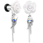 Clear Gem Angel Wing and White Rose Flower Single Flare Dangle Plug Sizes 6mm to 16mm