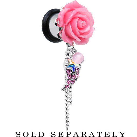 Pink Gem Angel Wing and Pink Rose Flower Single Flare Dangle Plug Sizes 0G to 16mm