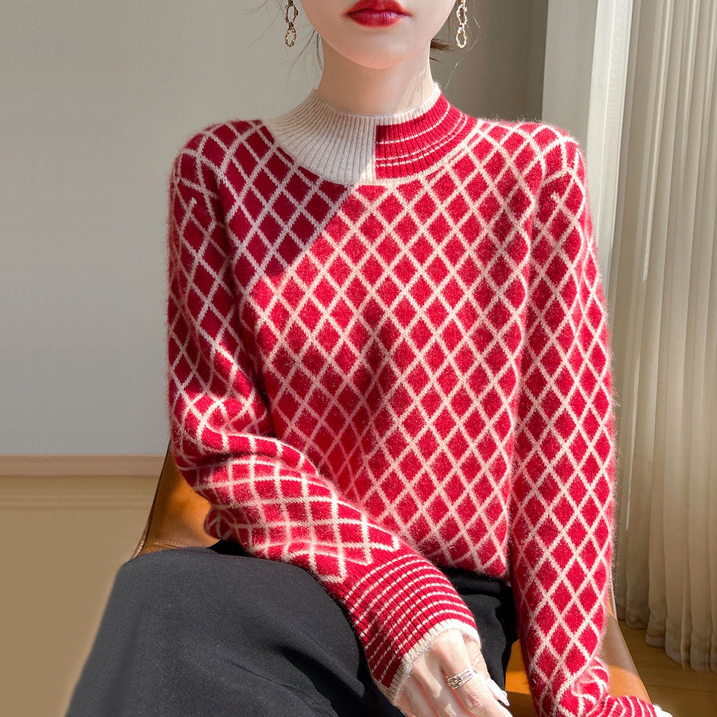 Womens Stylish Half-turtleneck Versatile Knit Sweater